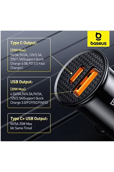 Baseus Type C Usb 30w Car Charger Quick Charge 4.0 3.0 Usb Pd For Xiaomi Iphone 12 13 14