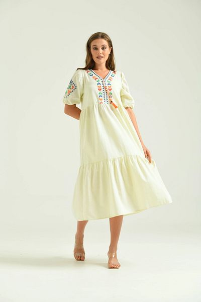 Park Karon Ethnic Embroidered V-neck Linen Women's Dress - Authentic Pattern