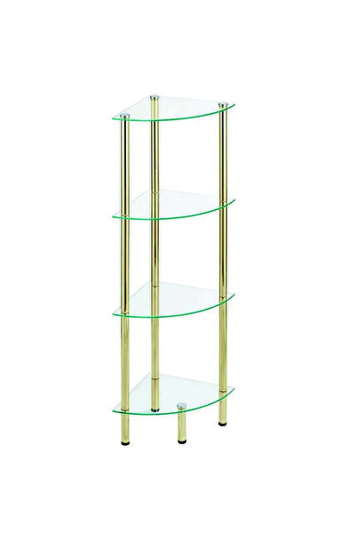 TK WOOD CRAFTS 4 Raflı Köşe Gold Metal Ayaklı Cam Raf ,Camlı Banyo, Yatak Oda...