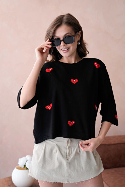 Park Karon Pulover de damă, cu gât roșu, brodat cu piatră