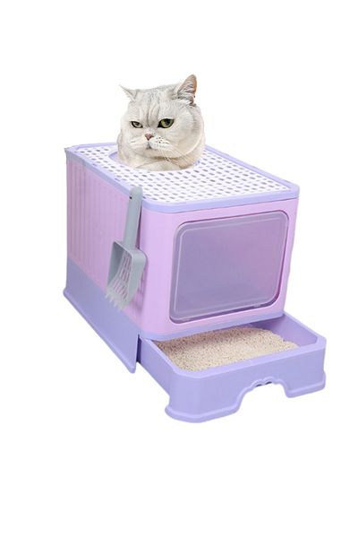 KidLe Foldable Cat Litter Box with Lid Cat Litter Tray Litter Basin for Cats
