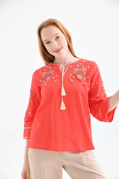 Park Karon Ethnic Κέντημα Λεπτομερής Γυναικεία Μπλούζα Crew Neck