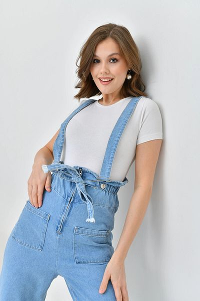 Park Karon Light Blue Denim Salopet - Women's Jumpsuit with Elastic Waist