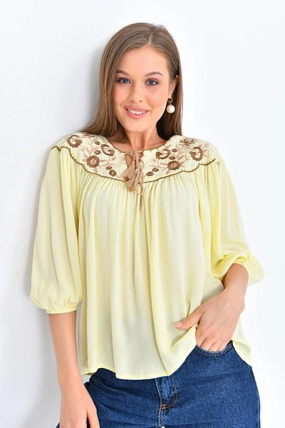 Park Karon Embroidery Detailed Women's Loose Blouse - with Tie Detail