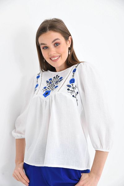 Park Karon Balloon Sleeve Embroidered Women's Aerobin Blouse - Bone Crew Neck