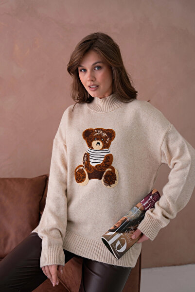 Park Karon Kadın Bisiklet Yaka Nakış Detaylı Salaş Triko Kazak