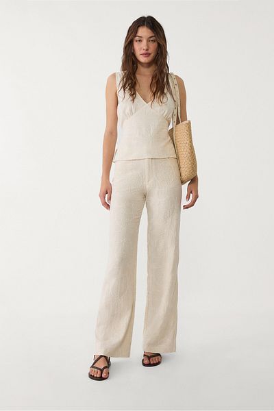 Stradivarius Linen blend embroidered straight-leg trousers