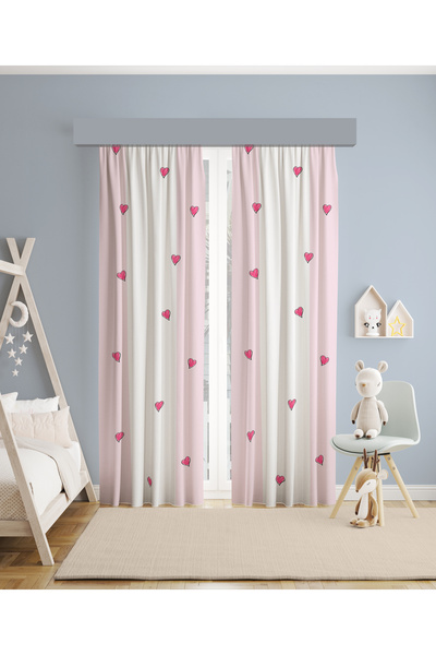 MEKTA HOME BEBEK VE ÇOCUK ODASI Pembe Kalp Desenli 2 Kanat Fon Perde