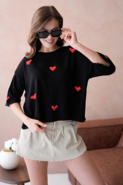 Park Karon Pulover de damă, cu gât roșu, brodat cu piatră