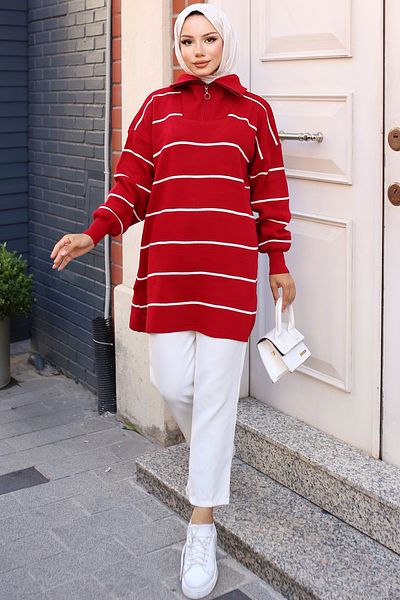 giyze Zippered Collar Striped Knitwear Tunic Red 11037-30