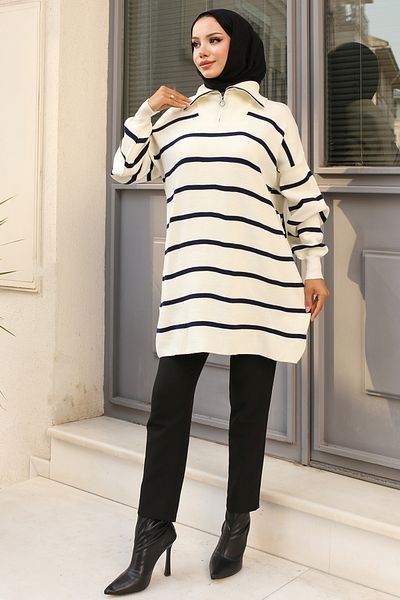 giyze Zippered Collar Striped Knitwear Tunic Navy Blue 11044-02