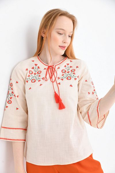 Park Karon Ethnic Κέντημα Λεπτομερής Γυναικεία Μπλούζα Crew Neck