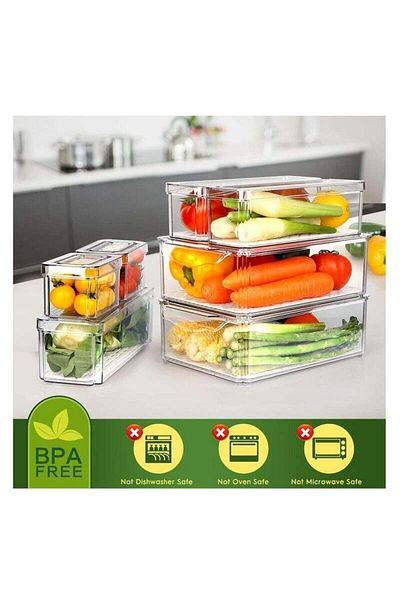 COOYA 2x7 PcsFridge Organizer,Stackable with Lids,3 Different Sizes,Clear Plastic,for Fruit,Vegetable,Food