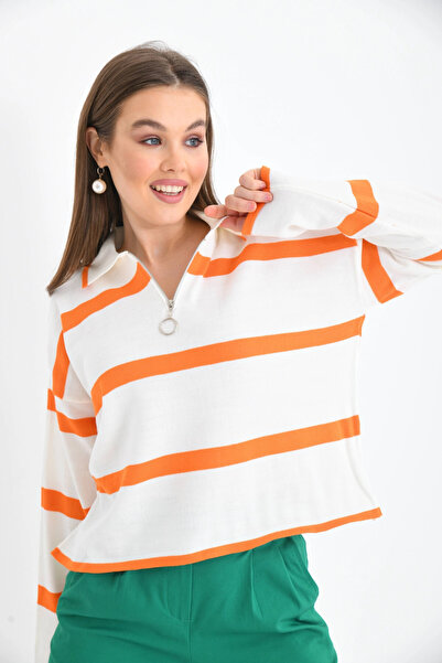 Park Karon Polo Yaka Fermuarlı Çizgil Salaş Mevsimlik Kısa Triko Kazak