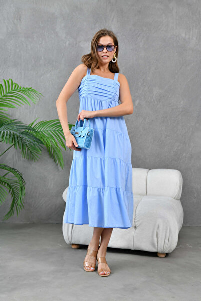 Park Karon Baby Blue Draped and Gimped Thick Strap Women's Woven Dress