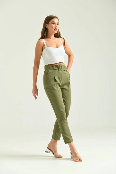 Park Karon Khaki Colored Women's Basic Trousers - Belt Detailed