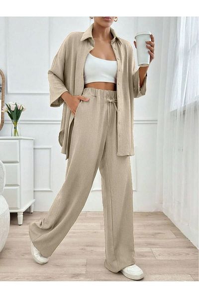 New Lune Women's Clothing Beige Wrinkle Fabric Shirt Pants Suit, Two-Piece Suit, Suitable for Hijab