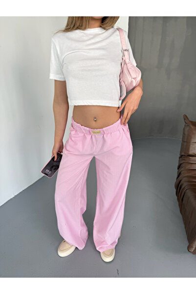 BEJNA Women's Pink Striped Cotton Loose Pants