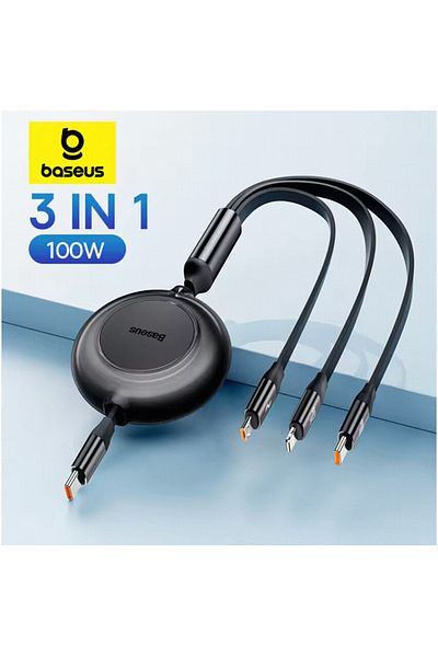 Baseus 1.1m 100w Black Retractable 3 In 1 Usb C Charge Cable For Macbook Samsung Xiaomi