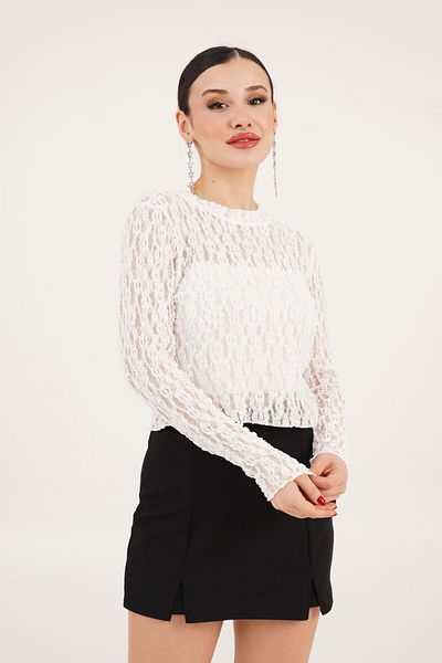 Hipo Trend Rose Transparent Lace White Blouse