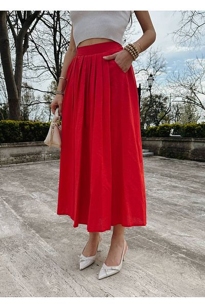 LOCH BUTİK Women's Red Linen Pleated Lined Skirt