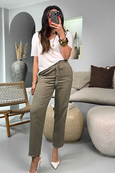 Sohotique By P Carrot Model Waist Gabardine Trousers Khaki Elastic