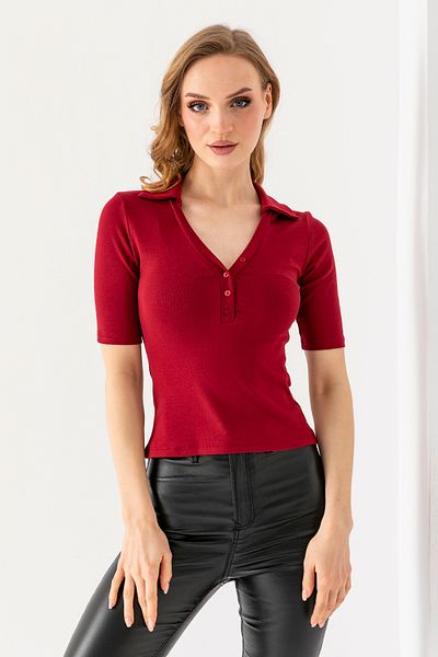 GİYSA Women's Polo Neck Short Sleeve Buttoned Body Claret Red - Ms 0000561