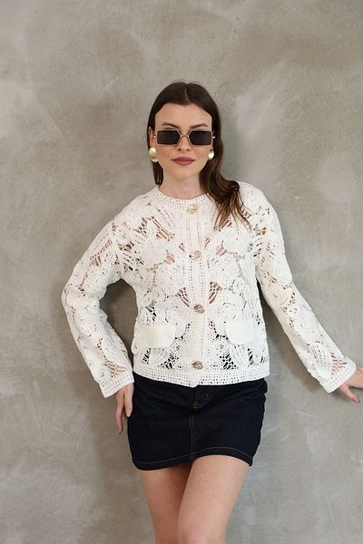 DM DİLAN MODA Women's Crochet Ecru Crew Neck Gold Buttoned Seasonal Cardigan