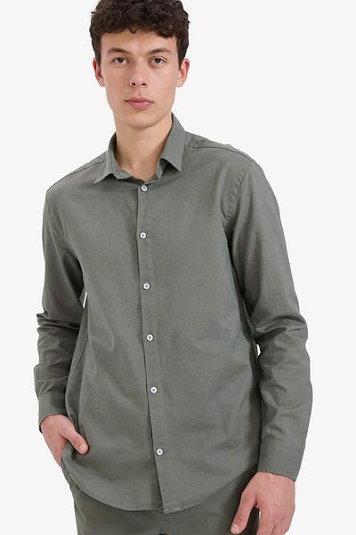 DeFacto Regular Fit Polo Collar Linen Summer Long Sleeve Shirt E1729Ax25Sp
