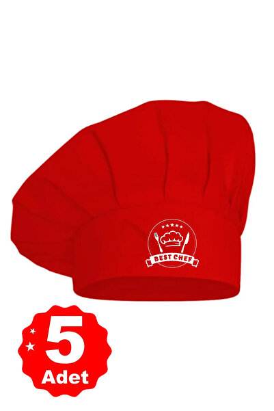 enmalife 5li Kırmızı Üzeri Beyaz Best Chef Logo Baskılı Şef Aşçı Şapkası Mant...