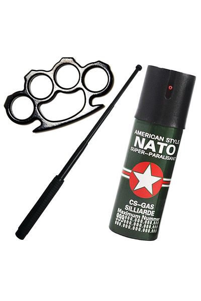 Depox Kit de autoaparare baston telescopic din otel, 64 cm, 4 sectiuni, cutie si spray de asomare Nato
