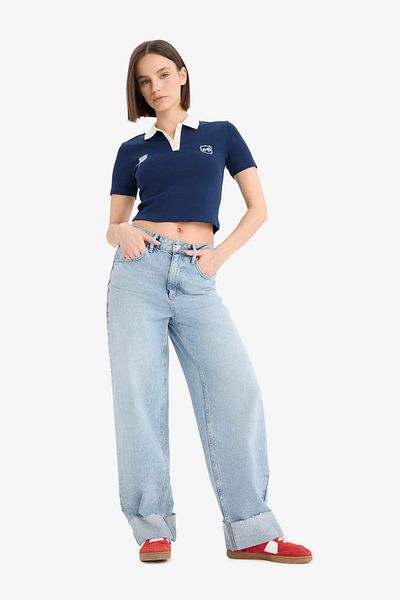 DeFacto Coool Fitted Polo Neck Printed Rib Short Sleeve T-Shirt E7838Ax25Sm