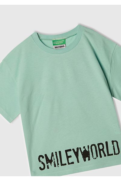 United Colors of Benetton Girl's Water Green Smiley World Printed Logo Label T-Shirt