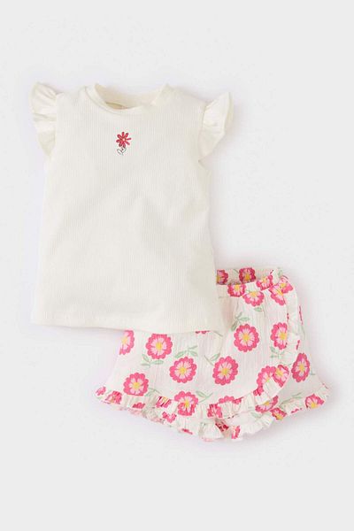 DeFacto Baby Girl 2 Piece Set Short Sleeve T-Shirt Elastic Waist Floral Shorts E8387A525Sm