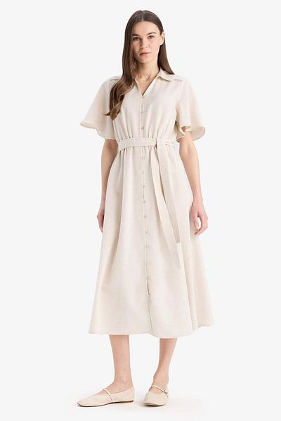 DeFacto Kurzärmliges Midi-Sommerkleid aus Leinenmischung mit Hemdkragen und Gürtel E7319ax25sm