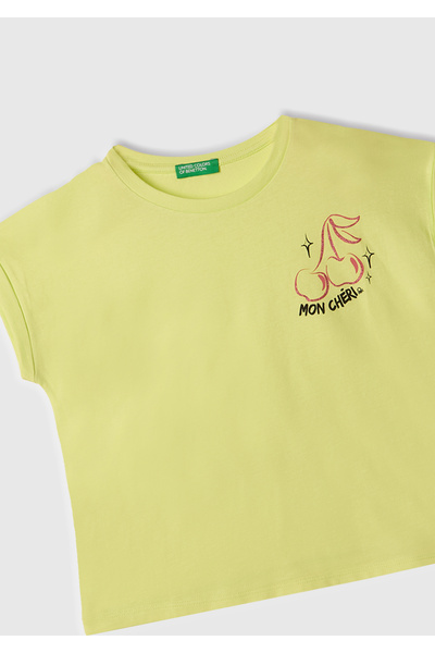 United Colors of Benetton Girl's Yellow Shiny Printed Off-Shoulder T-Shirt
