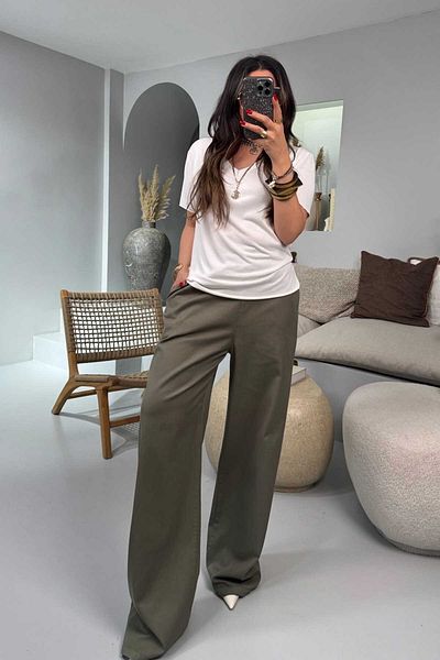Sohotique By P Gabardine Fabric, Elastic Waist Palazzo Bunya Khaki