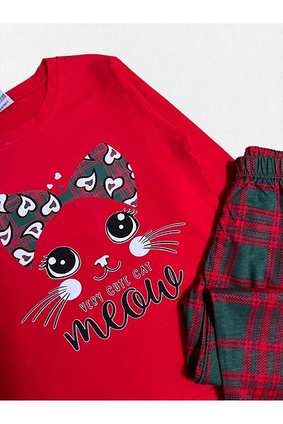 Fil Kids Girl's 100% Cotton Red Cat Patterned Six Plaid Patterned Long Sleeve Seasonal Pajama Set