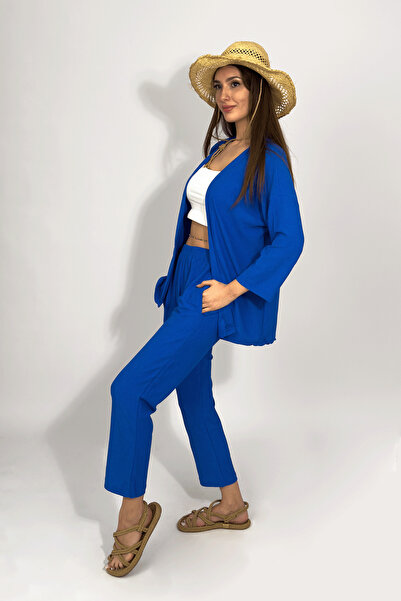 Betimoda Blue Comfortable Fit Women's Kimono Set - Top and Bottom Set with Trousers