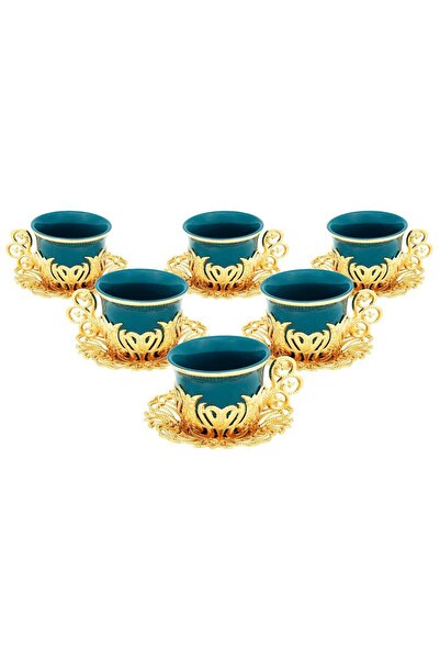 FARİKA 6-person Green Tulip Coffee Set (GOLD) (Made in Turkey)