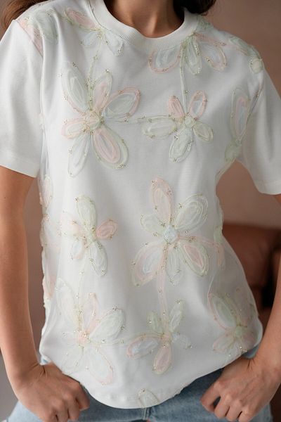 Park Karon Tricou de bază cu decolteu cu dantelă din tul