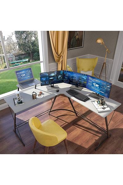 DDF L-Shaped Corner Desk with Large Monitor Stand-Space Saving Home Office and Gaming Workstation
