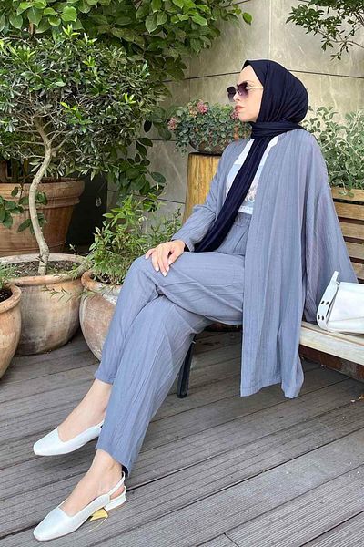 lamelif Seersucker Kimono - Set Smoked Hijab Double