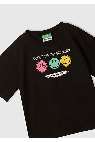 United Colors of Benetton Κοριτσίστικο μπλουζάκι με μαύρο Smiley World με ετικέτα με λογότυπο