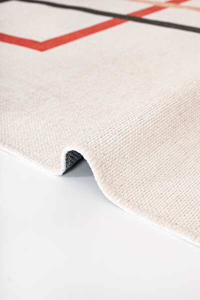 Serente Home Geometric Patterned Washable Non-Slip Base Chenille Cream Beige Red Kitchen Carpet 4139