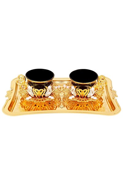 FARİKA طقم تقديم قهوة سوداء لشخصين مع تفاصيل حجرية وصينية (ذهبي)