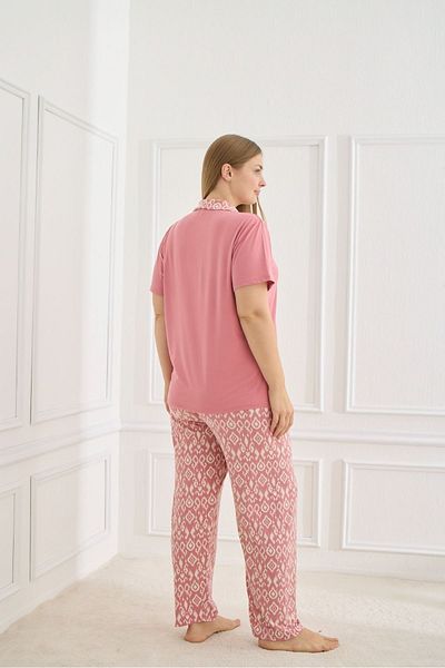 Burcumay Women's Milan Cloth Shirt Collar Flexible Short Sleeve Soft Textured Pink Summer Plus Size Pajamas Suit