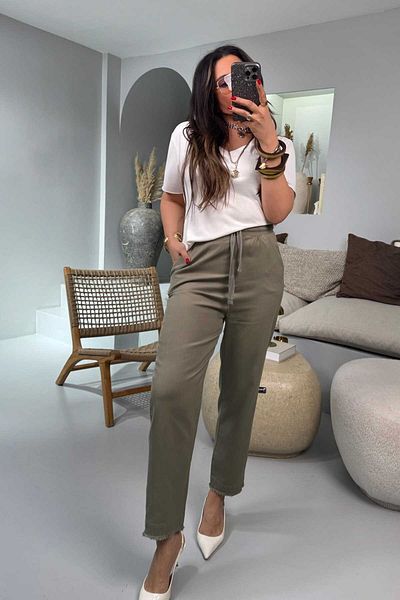 Sohotique By P Carrot Model Waist Gabardine Trousers Khaki Elastic