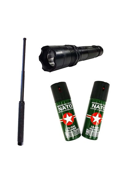 Depox Trusă de autoapărare: baston telescopic, lanternă laser cu asociere și 2 spray-uri NATO
