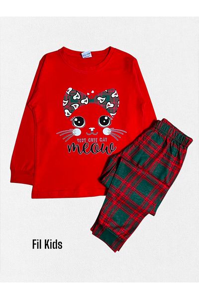 Fil Kids Girl's 100% Cotton Red Cat Patterned Six Plaid Patterned Long Sleeve Seasonal Pajama Set